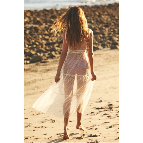 NWOT Lulus Cruise to Catalina Ivory Swiss Dot Sheer Maxi Swim Cover-Up Small - Picture 5 of 14